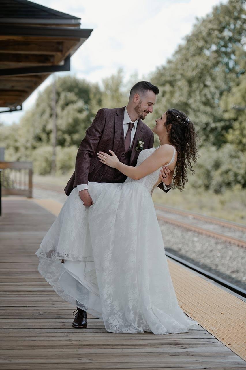 Bride and groom portrait at Union Station in Northampton, Massachusetts